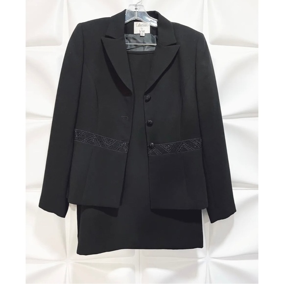 Le Suit Women Sz 6 Black Beaded Peplum Style Blazer Jacket Skirt Suit Set Formal - Picture 1 of 12